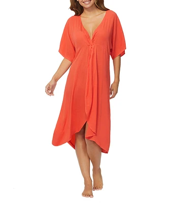 Raisins Solid Paradise V-Neck Flowy Tulip Hem Swim Cover-Up Dress