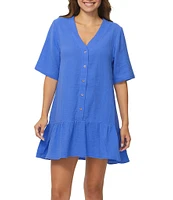 Raisins Solid Sol Flowy V-Neck Ruffle Hem Swim Cover-Up Dress