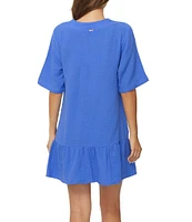 Raisins Solid Sol Flowy V-Neck Ruffle Hem Swim Cover-Up Dress
