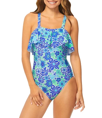 Raisins Venice Beach La Playa Floral Square Neck Ruffle One Piece Swimsuit