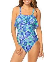 Raisins Venice Beach La Playa Floral Square Neck Ruffle One Piece Swimsuit