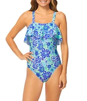 Raisins Venice Beach La Playa Floral Square Neck Ruffle One Piece Swimsuit