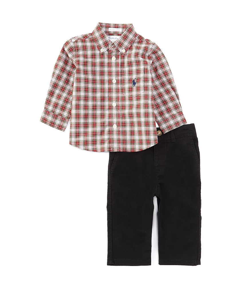 Ralph Lauren Baby Boys 3-24 Months Long Sleeve Plaid Poplin Shirt & Solid Chino Pant Set