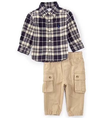 Ralph Lauren Baby Boys 3-24 Months Long Sleeve Plaid Woven Shirt & Stretch Twill Cargo Pant Set