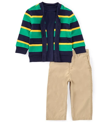 Ralph Lauren Baby Boys 3-24 Months Long-Sleeve Striped Fleece Cardigan, Solid Short-Sleeve Jersey T-Shirt & Solid Pant Set