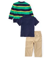 Ralph Lauren Baby Boys 3-24 Months Long-Sleeve Striped Fleece Cardigan, Solid Short-Sleeve Jersey T-Shirt & Solid Pant Set