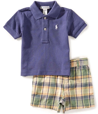 Ralph Lauren Baby Boys Short Sleeve Solid Mesh Polo Shirt & Madras Woven Shorts Set