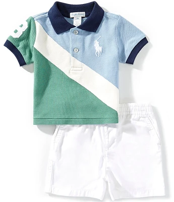 Ralph Lauren Baby Boys Short-Sleeve Color Block Big Pony Mesh Polo Shirt & Solid Twill Shorts Set