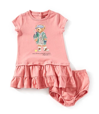 Ralph Lauren Baby Girls Puffed-Sleeve Polo Bear Tiered Jersey Dress