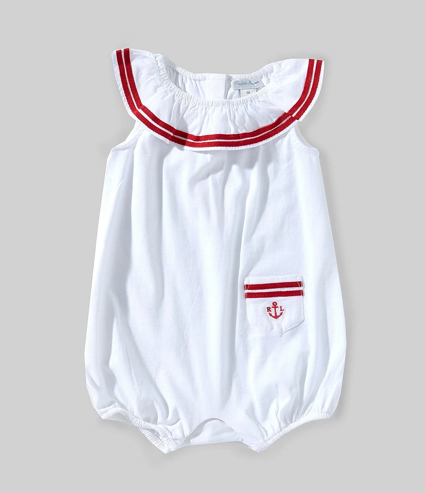 Ralph Lauren Baby Girls Striped-Trim Anchor-Embroidered-Pocket Bubble Romper