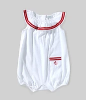 Ralph Lauren Baby Girls Striped-Trim Anchor-Embroidered-Pocket Bubble Romper