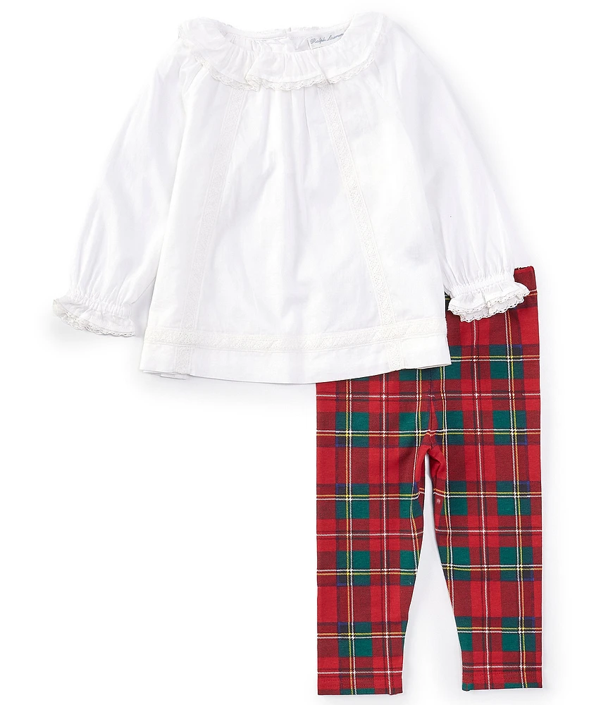 Ralph Lauren Baby Girls 9-24 Months Long Sleeve Lace-Overlay Voile Top & Plaid Jersey Leggings Set