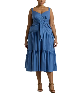 Ralph Lauren Plus Size Sleeveless V-Neck Tie waist button Front Midi Dress