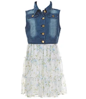 Rare Editions Big Girls 7-16 Sleeveless Denim Vest & Sleeveless Floral Fit-And-Flare Dress Set