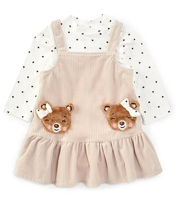 Rare Editions Baby Girls 12-24 Months Bear-Face-Applique Corduroy Jumper Dress & Long Sleeve Heart-Printed Bodysuit