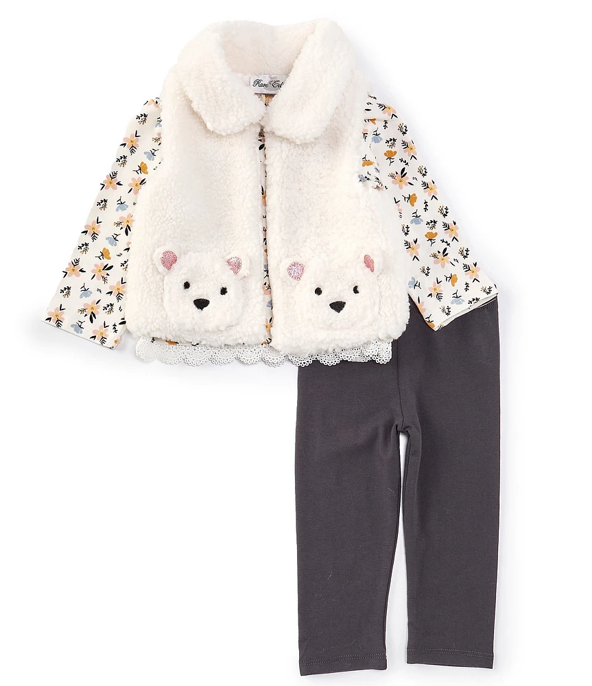 Rare Editions Baby Girls 12-24 Months Bear-Face-Appliqued Pocket Sherpa Vest, Ditsy-Floral T-Shirt & Solid Leggings Set