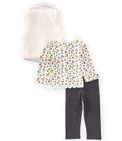 Rare Editions Baby Girls 12-24 Months Bear-Face-Appliqued Pocket Sherpa Vest, Ditsy-Floral T-Shirt & Solid Leggings Set