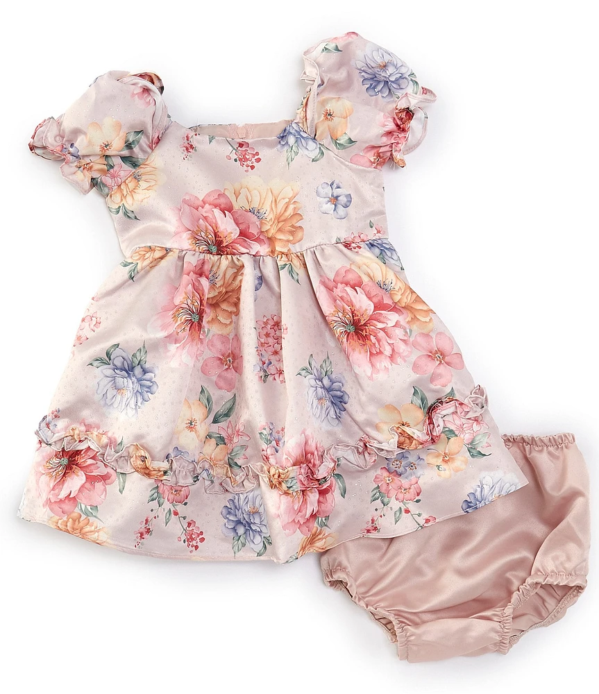 Rare Editions Baby Girls 12-24 Months Puffed Sleeve Glitter-Accented Floral Satin Fit & Flare Dress