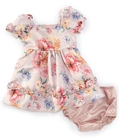 Rare Editions Baby Girls 12-24 Months Puffed Sleeve Glitter-Accented Floral Satin Fit & Flare Dress