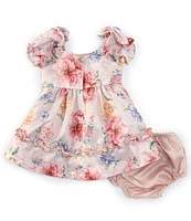 Rare Editions Baby Girls 12-24 Months Puffed Sleeve Glitter-Accented Floral Satin Fit & Flare Dress