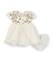 Rare Editions Baby Girls 12-24 Months Short Sleeve Sequin-Embellished Flower-Appliqued/Mesh-Skirted Fit & Flare Dress