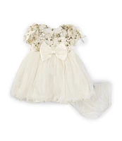 Rare Editions Baby Girls 12-24 Months Short Sleeve Sequin-Embellished Flower-Appliqued/Mesh-Skirted Fit & Flare Dress