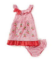 Rare Editions Baby Girls 12-24 Months Sleeveless Checked/Cherry-Embroidered Seersucker Fit-And Flare Dress