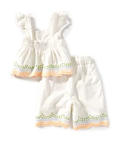 Rare Editions Baby Girls 12-24 Months Sleeveless Fruit-Printed Eyelet-Embroidered Linen-Blend Tank Top & Pants Set