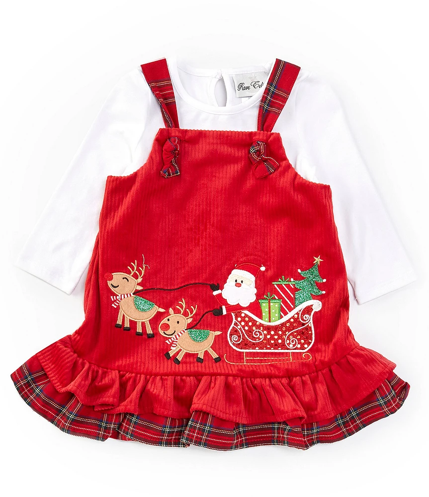 Rare Editions Baby Girls 12-24 Months Sleeveless Santa Appliqued Corduroy Jumper Dress & Solid Long Sleeve Knit Top Set