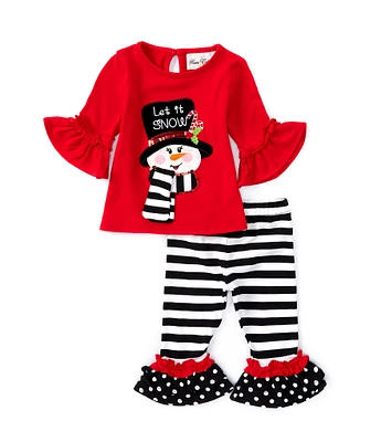 Rare Editions Baby Girls 3-24 Months Bell Sleeve Solid Snowman Face-Applique Tunic Top & Mixed-Media Leggings Set