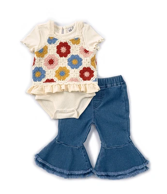 Rare Editions Baby Girls 3-24 Months Crocheted Vest, Short Sleeve Solid T-Shirt & Jeans Set