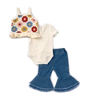 Rare Editions Baby Girls 3-24 Months Crocheted Vest, Short Sleeve Solid T-Shirt & Jeans Set