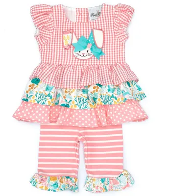 Rare Editions Baby Girls 3-24 Months Easter-Bunny-Face Applique Mixed-Media Fit-And-Flare Dress & Striped Leggings Set