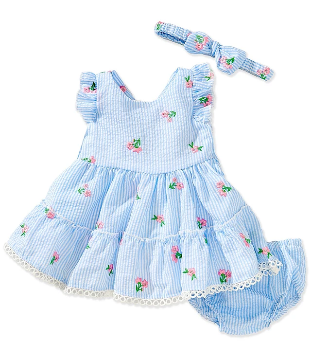 Rare Editions Baby Girls Flutter-Sleeve Floral-Embroidered Striped Fit & Flare  Dress | Brazos Mall