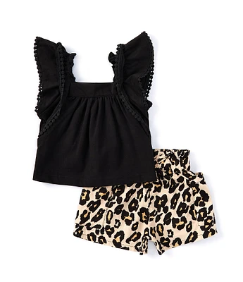 Rare Editions Baby Girls 3-24 Months Flutter-Sleeve Solid Tunic Top & Cheetah-Printed Shorts Set