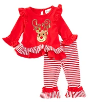 Rare Editions Baby Girls 3-24 Months Long Sleeve Christmas Red-Nosed Reindeer Face Tunic Top & Striped Leggings Set