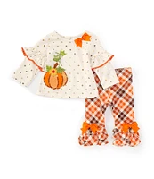 Rare Editions Baby Girls 3-24 Months Long-Sleeve Foiled-Dot Pumpkin Tunic Top & Plaid Ruffle-Hem Leggings Set