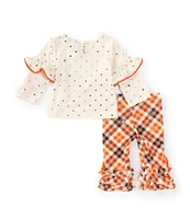 Rare Editions Baby Girls 3-24 Months Long-Sleeve Foiled-Dot Pumpkin Tunic Top & Plaid Ruffle-Hem Leggings Set