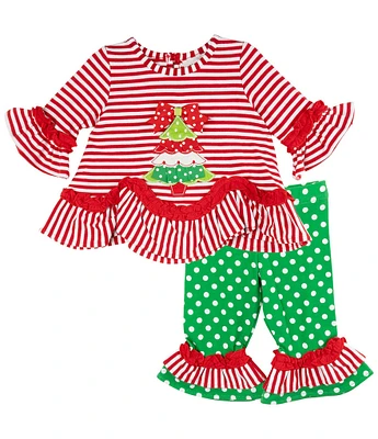 Rare Editions Baby Girls 3-24 Months Long Sleeve Striped Christmas Tree Appliqued Tunic Top & Dotted Leggings Set