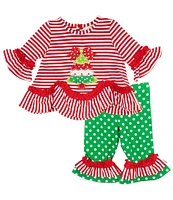 Rare Editions Baby Girls 3-24 Months Long Sleeve Striped Christmas Tree Appliqued Tunic Top & Dotted Leggings Set