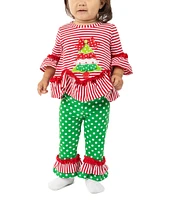 Rare Editions Baby Girls 3-24 Months Long Sleeve Striped Christmas Tree Appliqued Tunic Top & Dotted Leggings Set