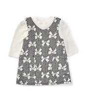 Rare Editions Baby Girls 3-24 Months Sleeveless Burnout Bow-Printed Jumper Dress & Solid Long-Sleeve Waffle-Knit Bodysuit