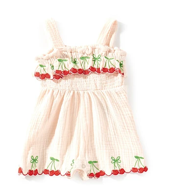 Rare Editions Baby Girls 3-24 Months Sleeveless Cherry-Embroidered/Bow-Design Gauze Romper