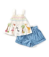 Rare Editions Baby Girls 3-24 Months Sleeveless Clip-Dot Animal-Border-Hem Tank Top & Coordinating Linen-Blend Shorts Set