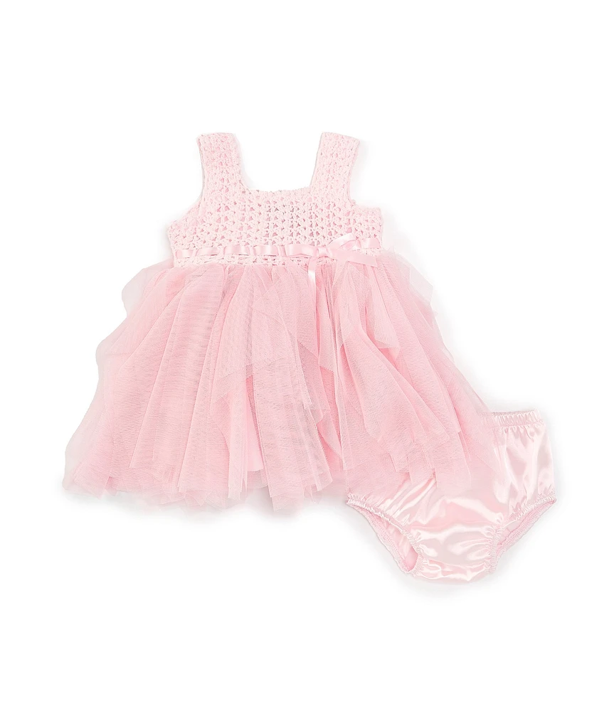 Rare Editions Baby Girls 3-24 Months Sleeveless Crocheted-Bodice/Layered-Mesh-Skirted Fit-And-Flare Dress