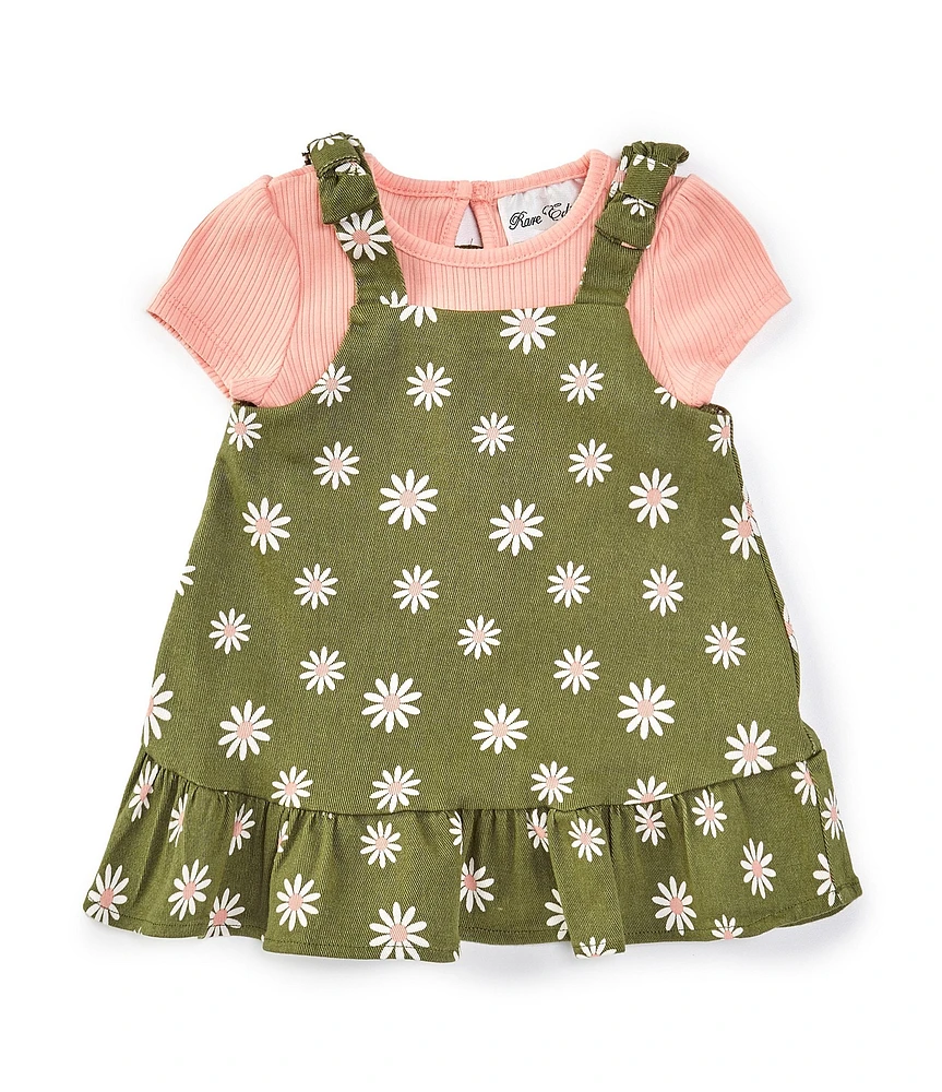 Rare Editions Baby Girls 3-24 Months Sleeveless Daisy-Printed Twill Jumper Dress & Solid Short-Sleeve Bodysuit Set