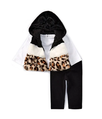 Rare Editions Baby Girls 3-24 Months Sleeveless Faux-Fur Color Block Vest, Long Sleeve Solid Knit Top & Solid Leggings Set