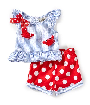 Rare Editions Baby Girls Newborn-24 Months Flutter-Sleeve Striped Crab-Appliqued Top & Large-Dot Shorts Set