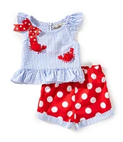 Rare Editions Baby Girls Newborn-24 Months Flutter-Sleeve Striped Crab-Appliqued Top & Large-Dot Shorts Set
