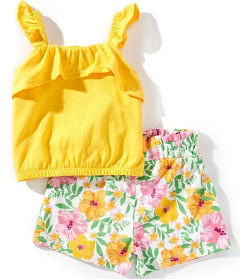 Rare Editions Baby Girls Newborn-24 Months Ruffle Knit Sleeveless Top & Floral Printed Shorts Set
